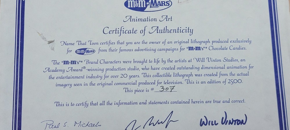 M&M Animation Art Original Numbered #307 COA