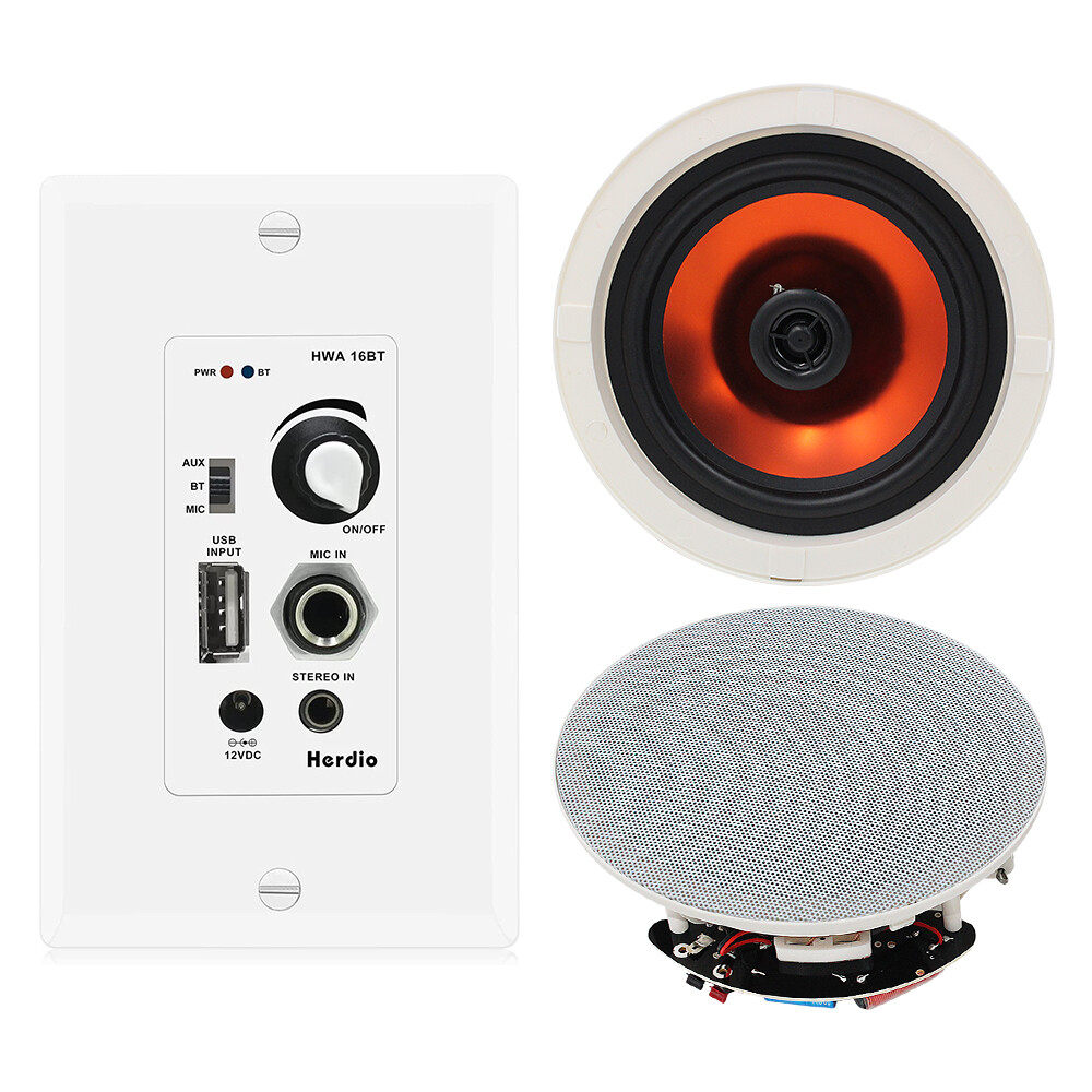 Herdio 6.5" Ceiling Speakers Bluetooth Wall Amplifier Flush Mount Stereo 2Pcs