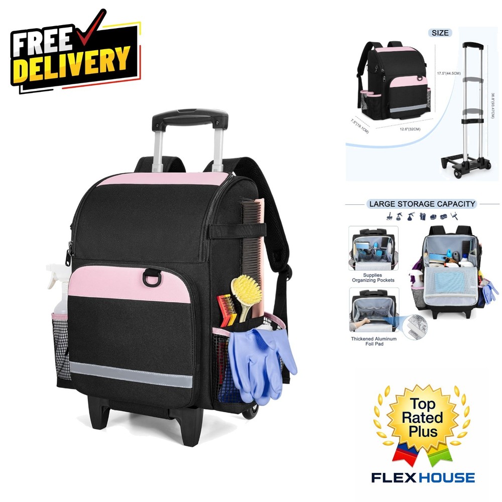 Pink Rolling Cleaning Backpack with Detachable Trolley - Efficient Organization