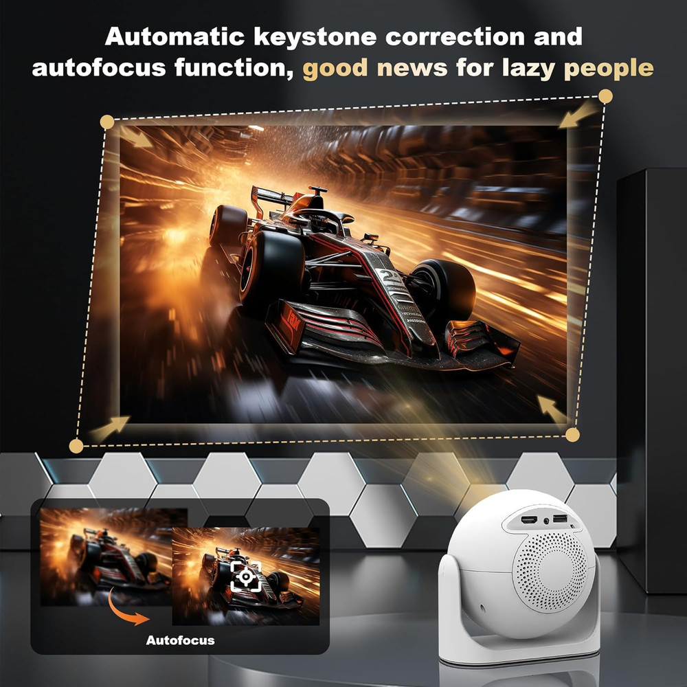 Smart Mini Projector with Wifi & Bluetooth, 4K Support 180° Rotatable Auto Focus