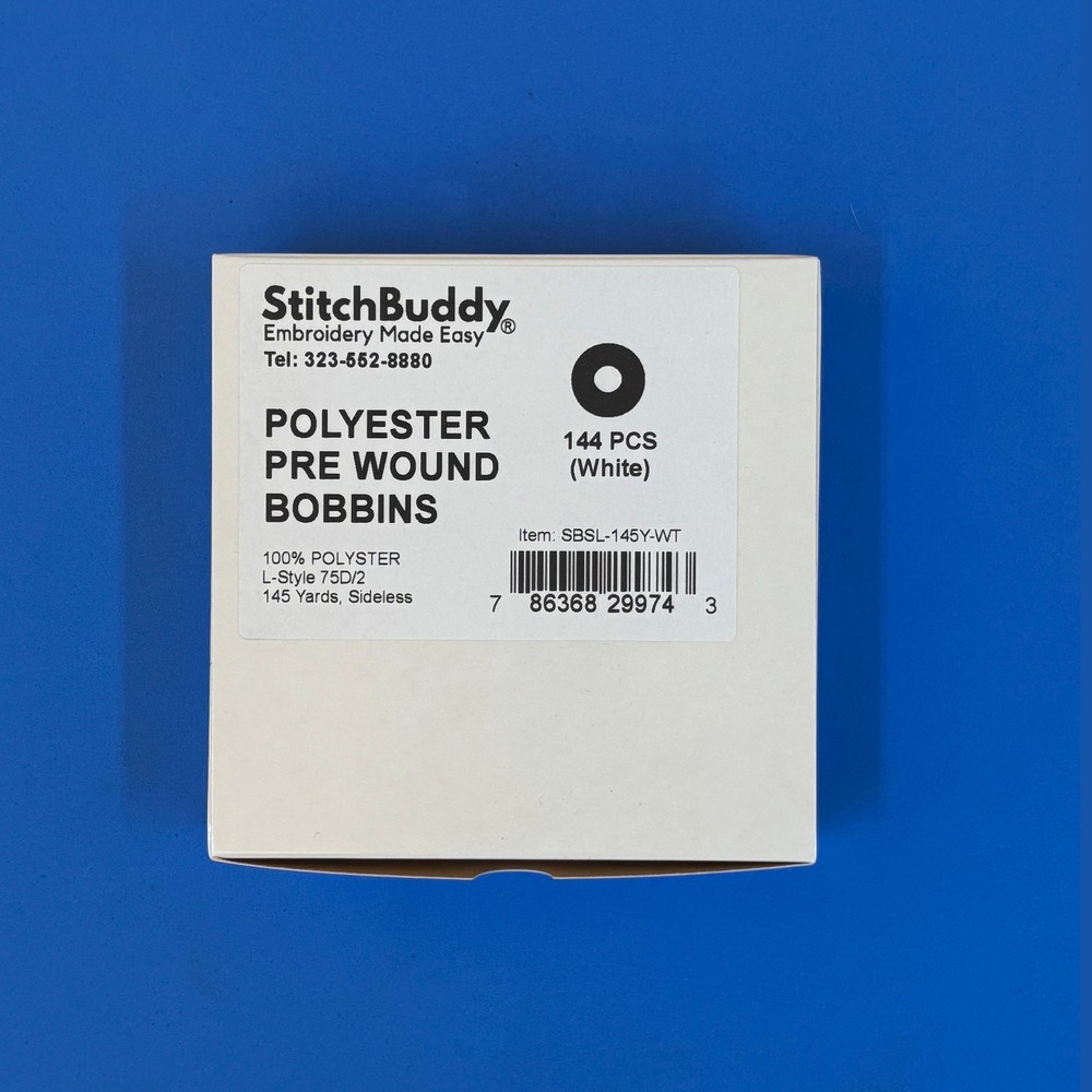 White Sideless Polyester Prewound Bobbin Thread, 144pcs, 145 yds,  Size L,