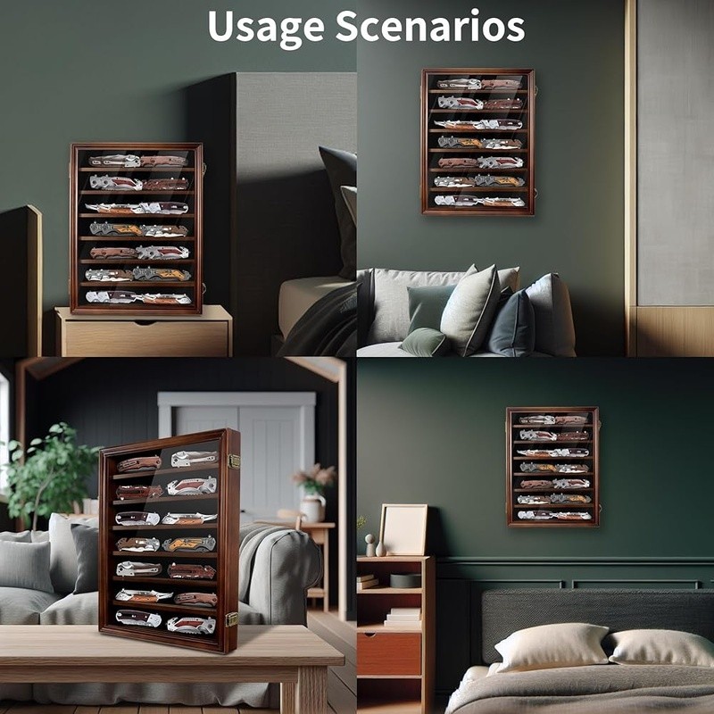 Wooden Knife Display Case Wall Mount Removable Shelves Secure Storage Shadow Box