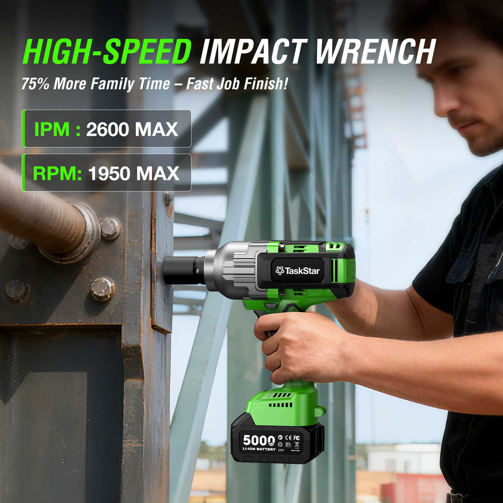 Taskstar 3/4 in Cordless Impact Wrench 2000Nm 1475ft-lbs Electric Impact Gun