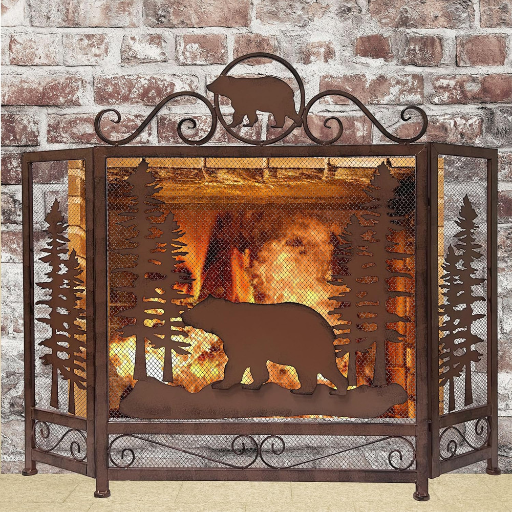 3-Panel Fireplace Screen Decorative with Bear Alone in the Forest - Stand Alone