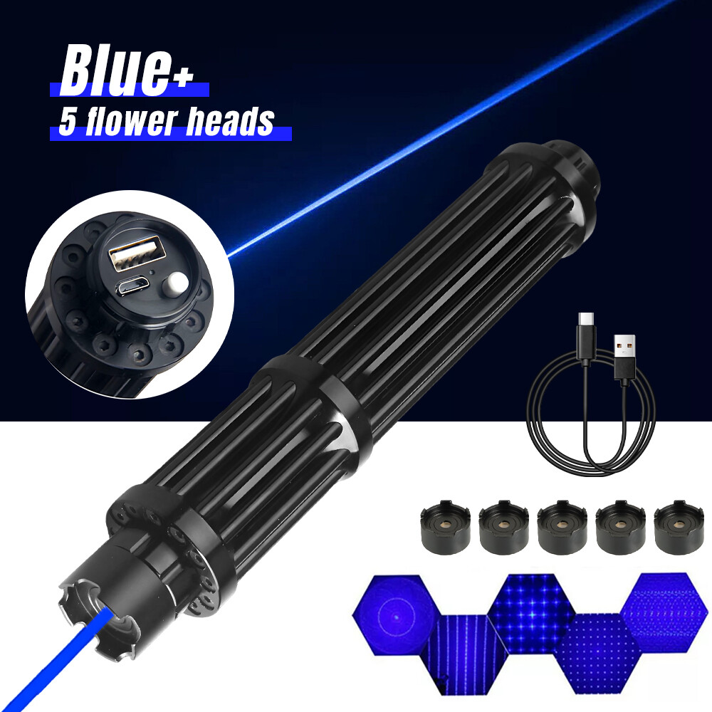 10W USB Charge Strong Blue Burning Laser Pointer Visible Beam Torch+5 Caps