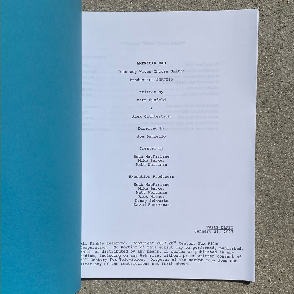 American Dad Rachael Macfarlane Hayley Smith Production Used Table Draft Script