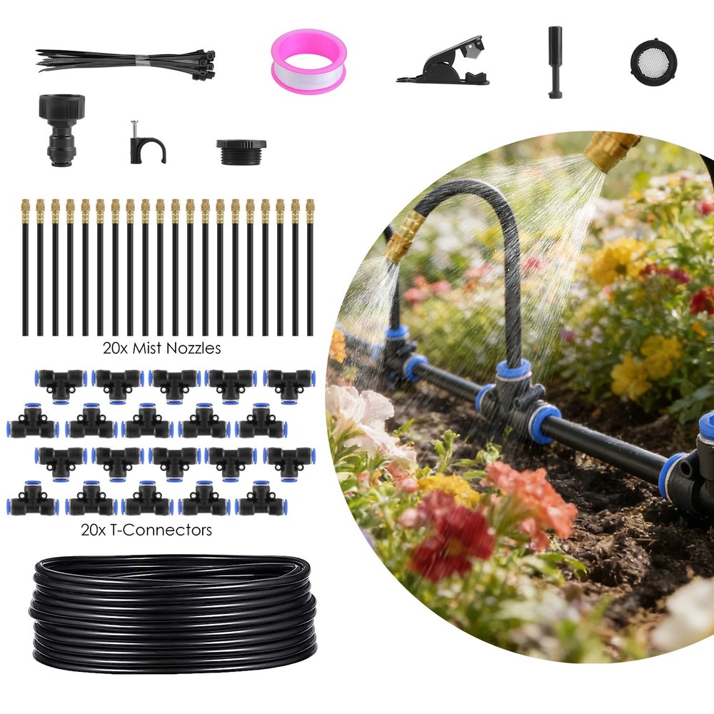 Drip Irrigation System 49FT with 20 Mist Nozzles 360° Adjustable Bendable Garden