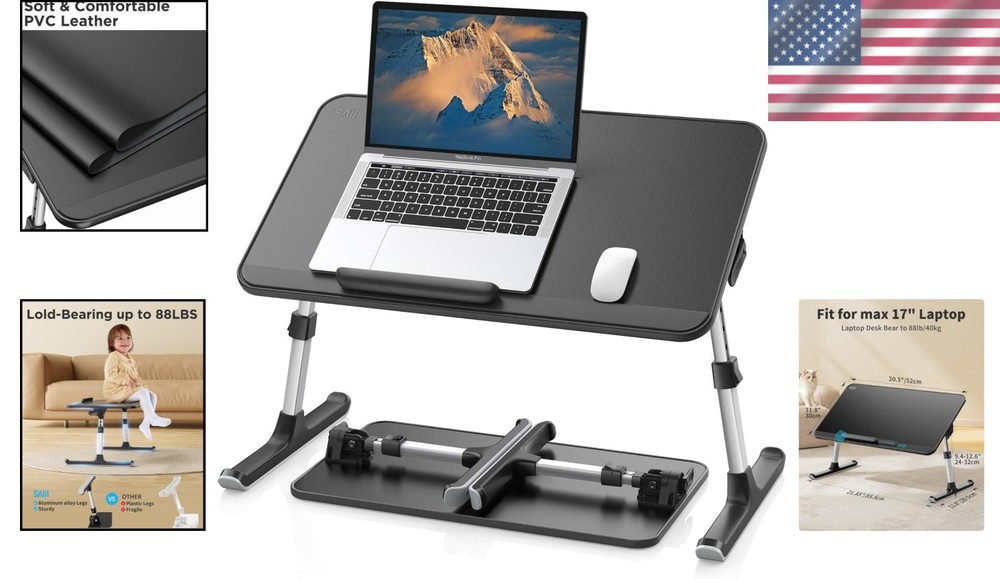 Adjustable Leather Laptop Bed Tray Table - Black