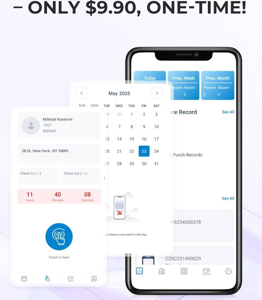 Cloud Based Time Clock - Fingerprint Logging - iOs/PC - No Fees - WiFi