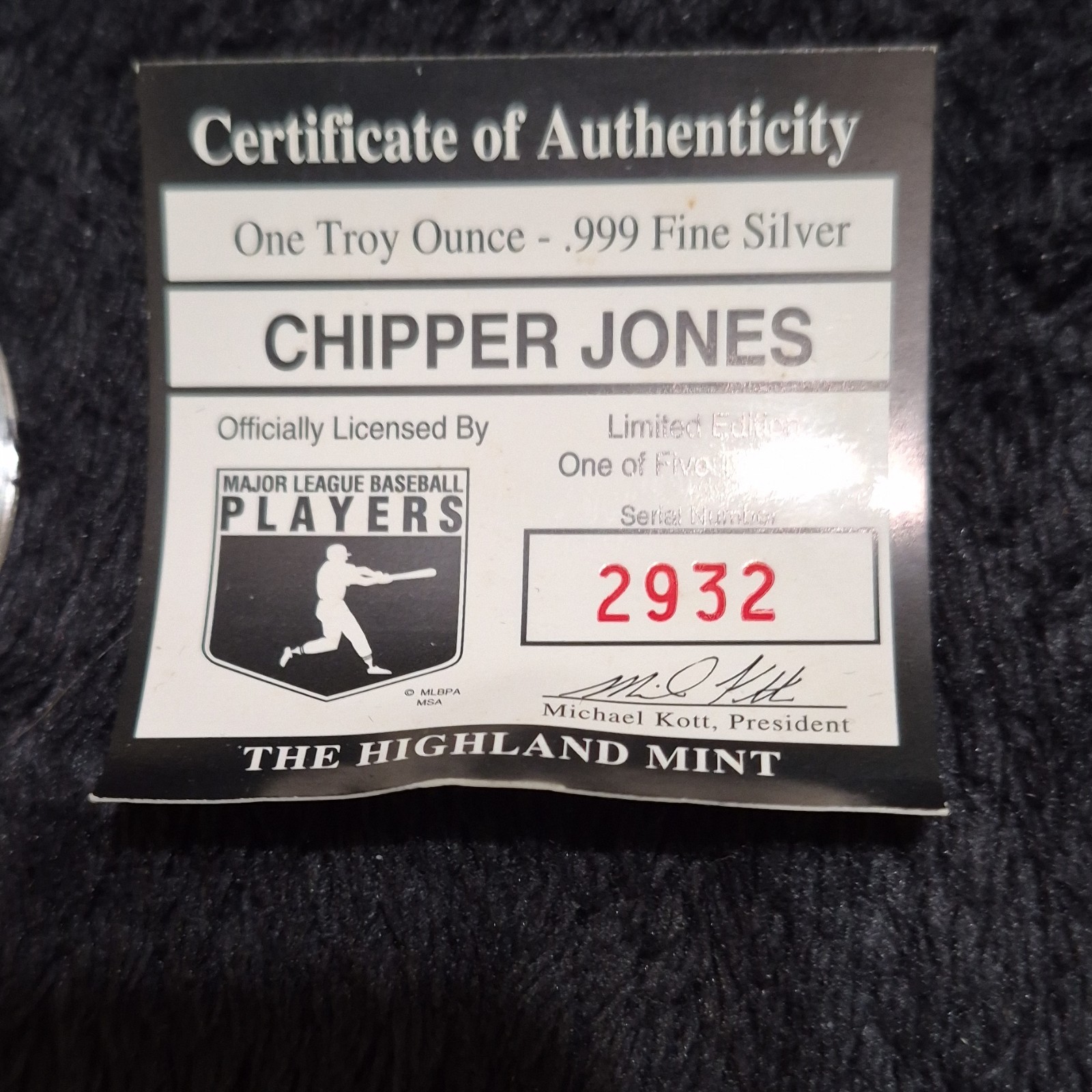 Highland Mint Chipper Jones .999 Fine Silver Coin Serial#2932