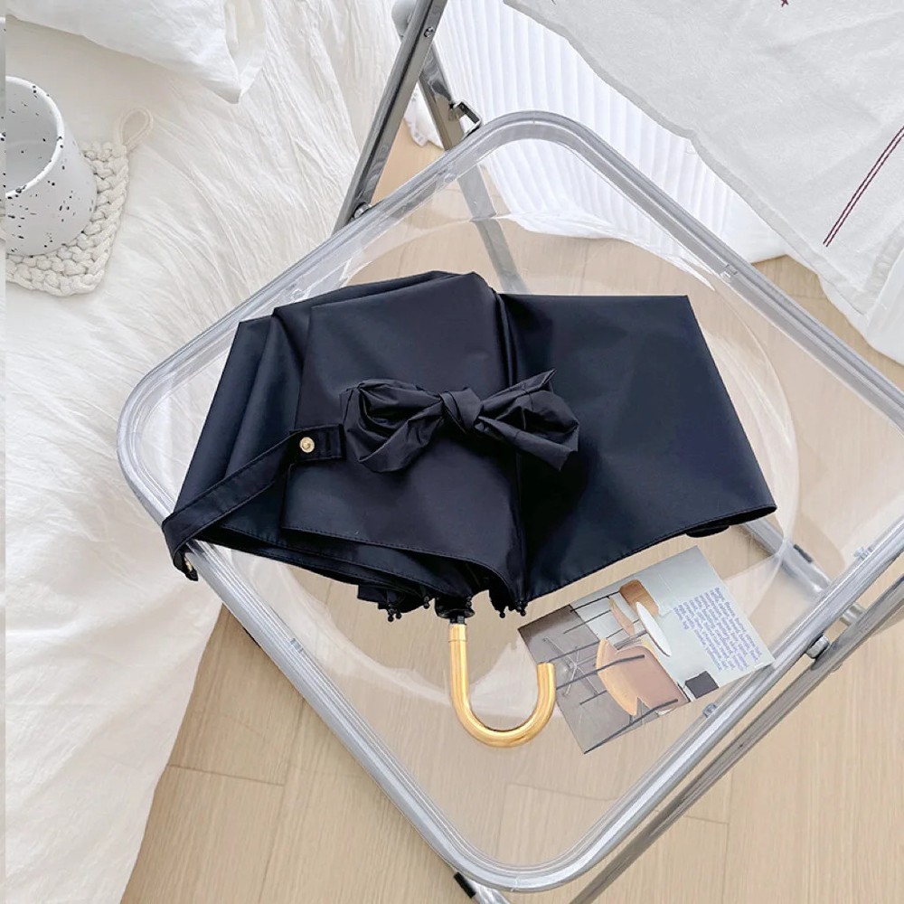 Solid color macaron color folding hook umbrella, black coating sunscreen UPF50+p
