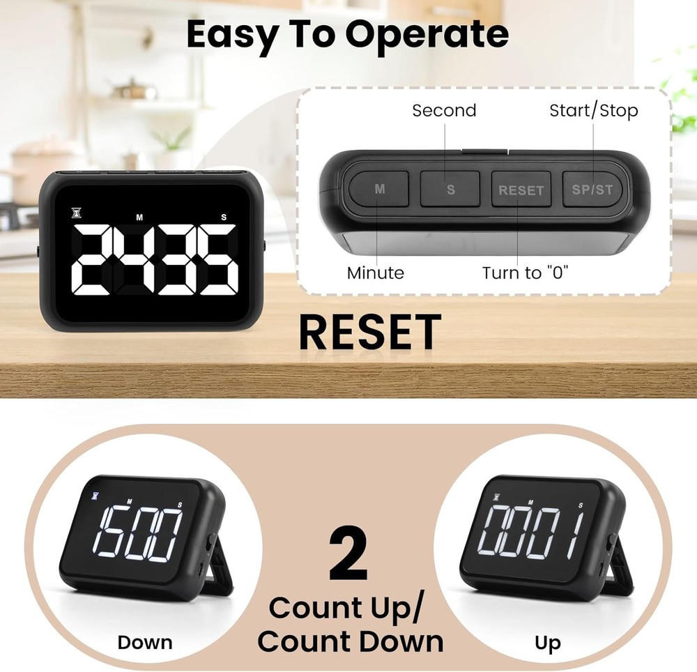 USB Rechargeable Loud Digital Kitchen Timer with Large LCD Display & Black