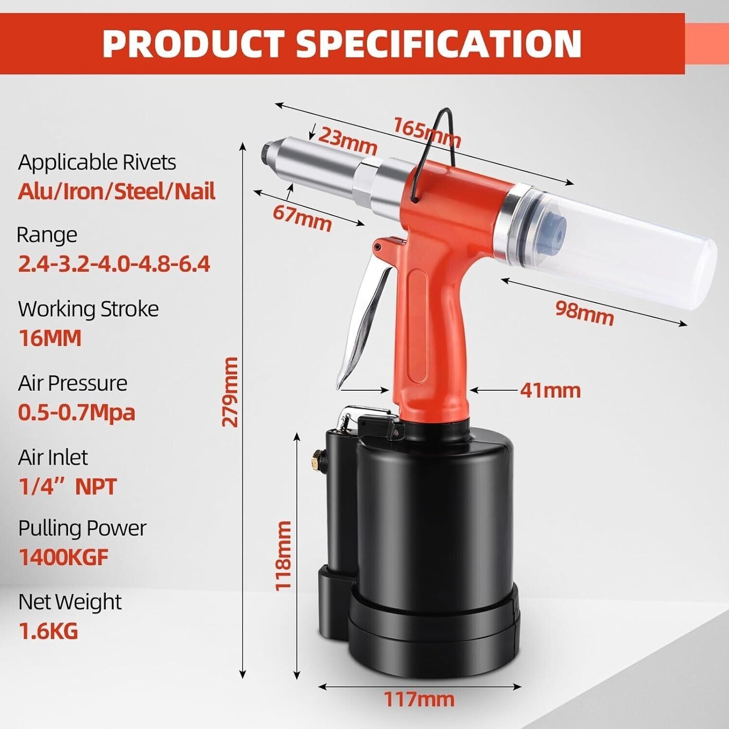 Air Pneumatic Pop Rivet Gun Hydraulic Rivet w/ 1/8" 5/32" 3/16" 1/4" Nose Pieces