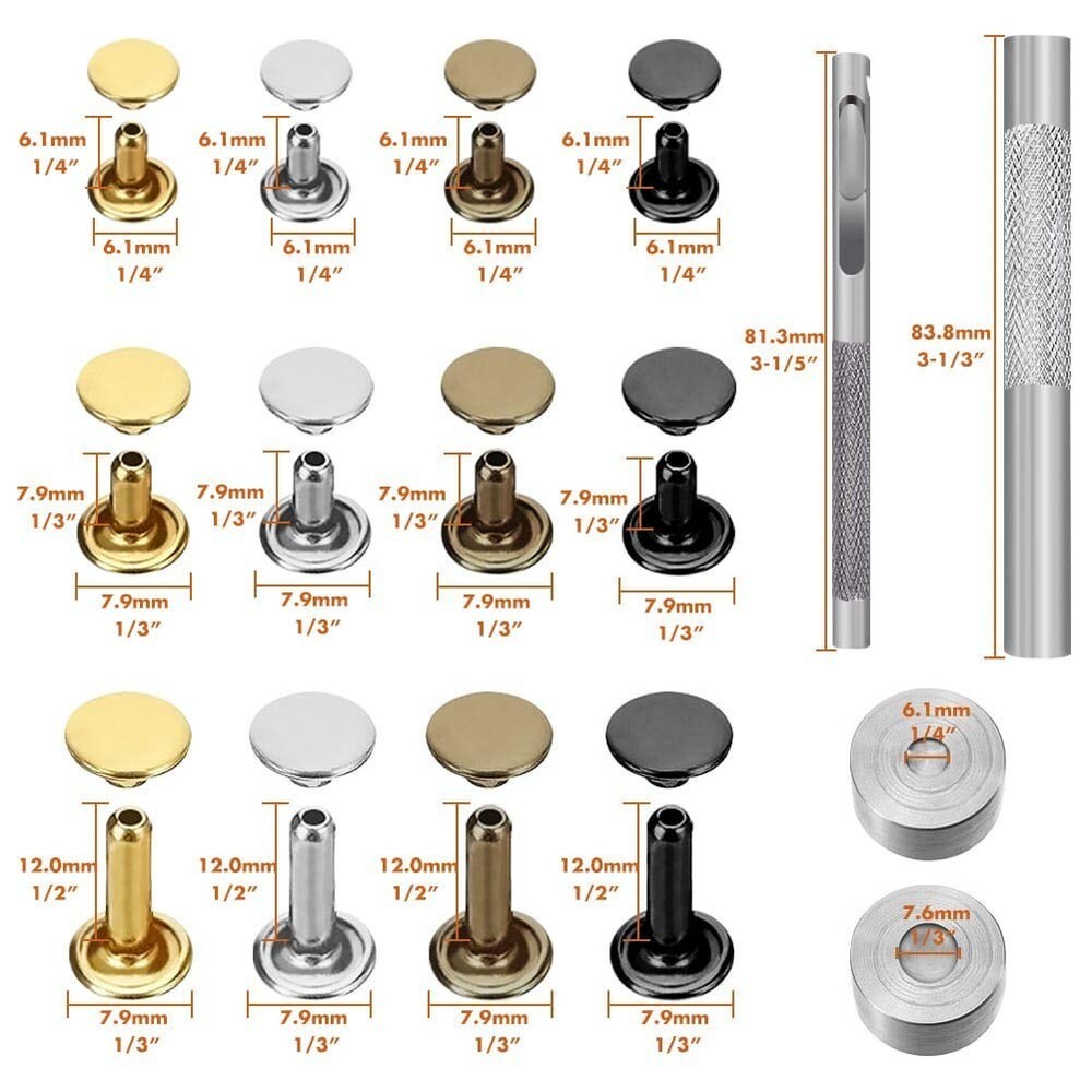 Complete Leather Rivets Set: 480 Double Cap Rivets in 4 Colors & Tool Kit
