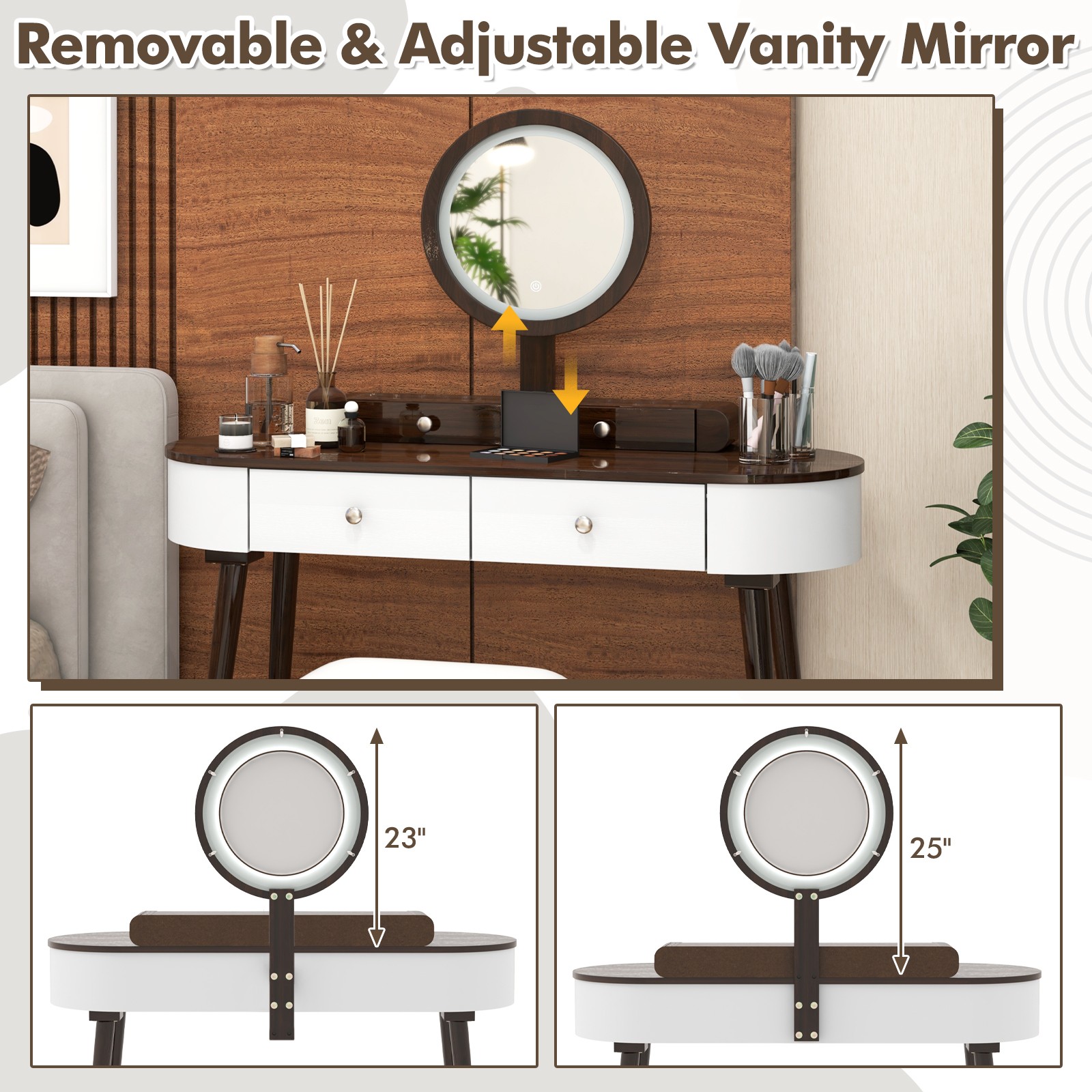 Solid Wood Makeup Vanity Desk Set w/LED Lighted Mirror, Drawers, Cushioned Stool