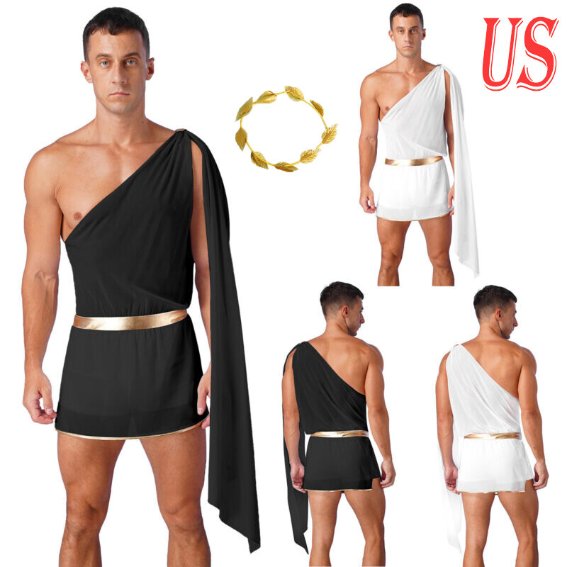 Mens Ancient Greek Roman Halloween Cosplay Costume One Shoulder Toga Jumpsuit