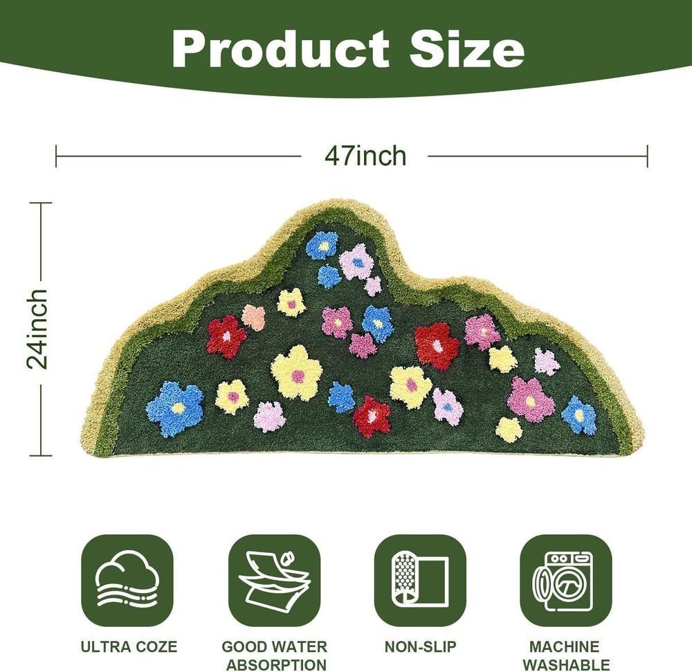 Cute Green Moss Bathroom Runner Rug Long Rectangular Boho Aesthetic Leaf Leaves