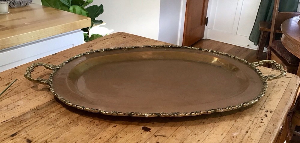 Antique Large Solid Copper Tray with Brass Handles Fall Decorating