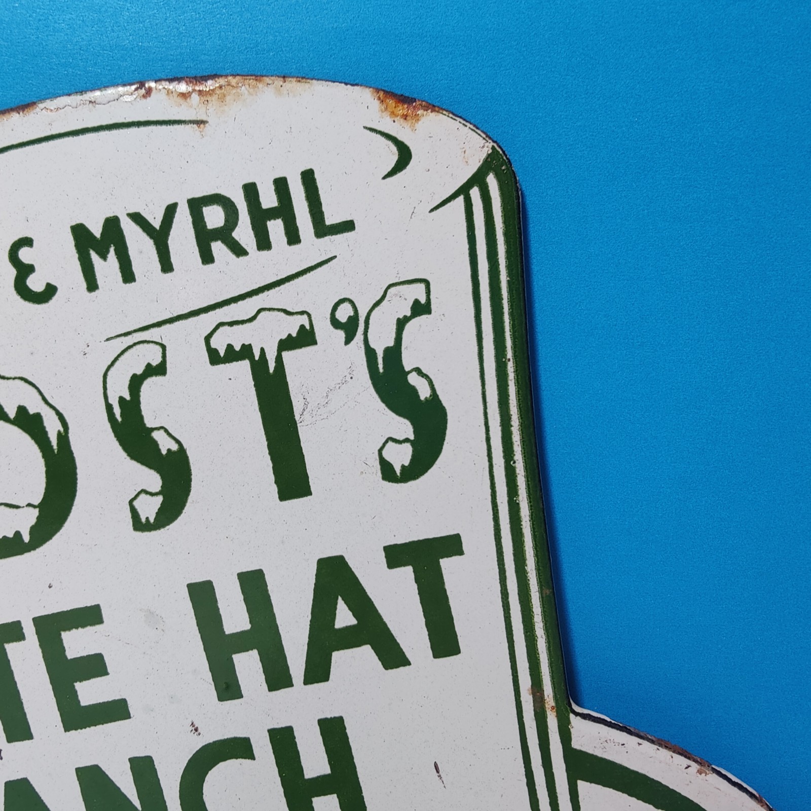 Vintage FROST'S WHITE HAT RANCH TEXAS Porcelain Enamel Sign 7" x 5" Inch