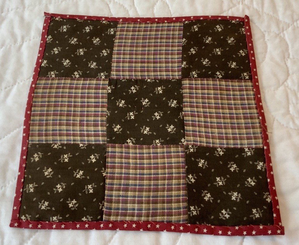 Antique Patchwork Quilt Table Topper, Nine Patch, Brown Florals, Checks