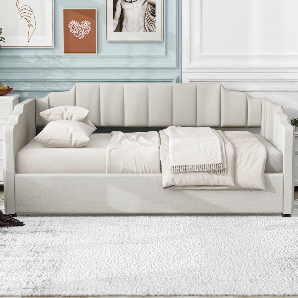 Full Size Daybed Upholstered Bed Frame Sofa Bed w/ Underneath Storage Beige/Gray