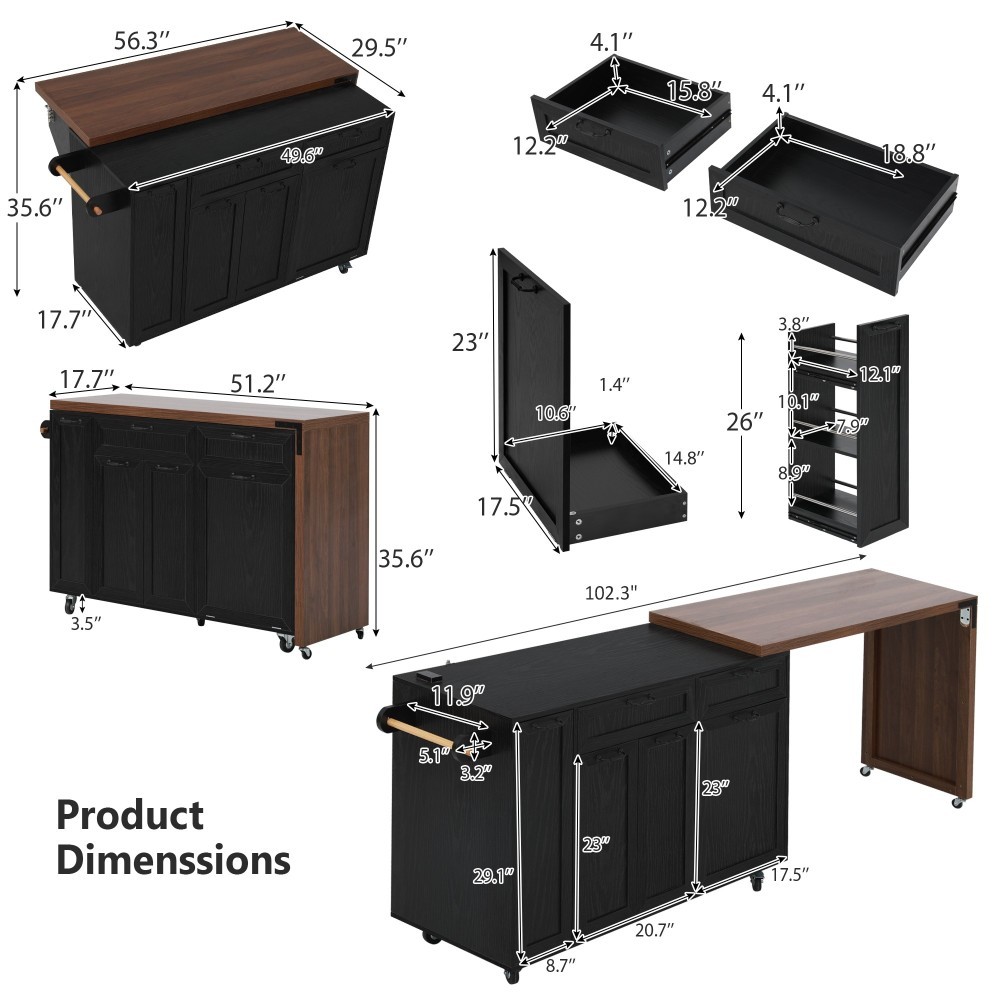 Kitchen Island with Extendable Dining Table, Kitchen Rolling Island Cart