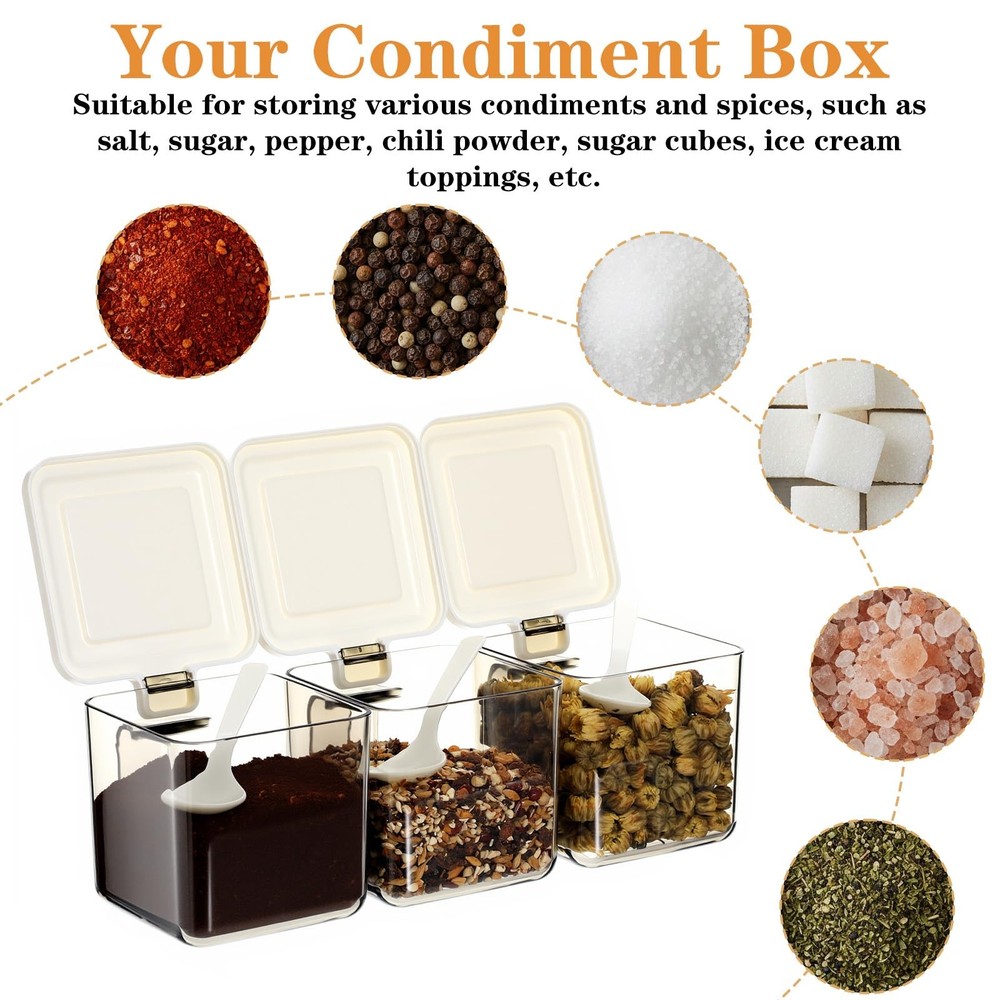 3-Grid Stackable Spice Container Set: Clear Seasoning Box with Spoons & Handle