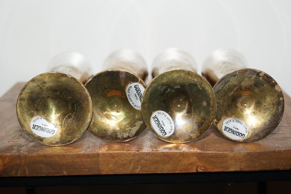 Vintage Godinger 8" Heavy Silver Plated & Brass Flute Goblets, India, Set of 4