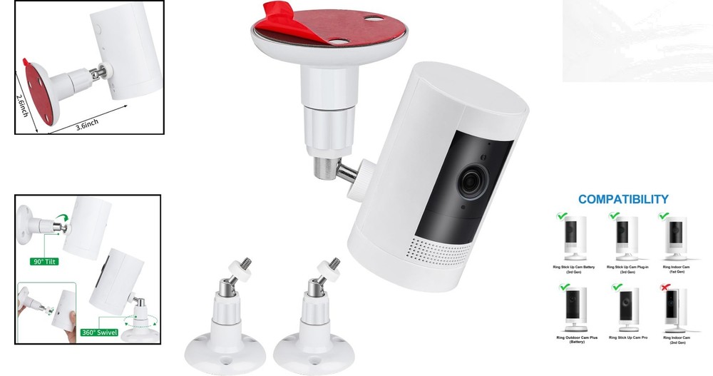 360° Adjustable Wall Mount for Cameras - Easy, Screwless Installation, 2-Pack