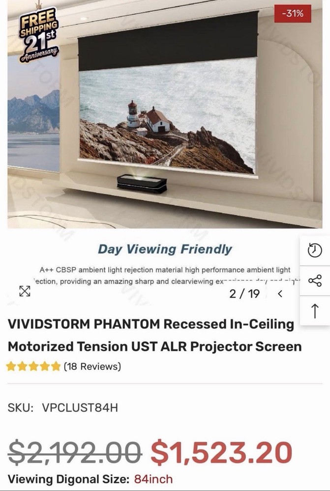 VIVIDSTORM PHANTOM Recessed In-Ceiling Motorized UST ALR Projector Screen 84”