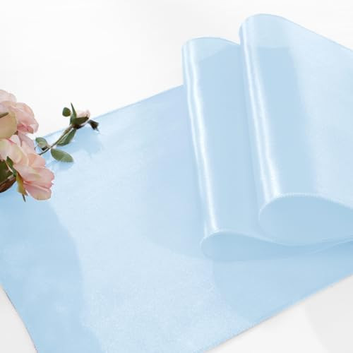 2 Pack Light Blue Table Runners 12 x 108 Inch, Rectangular Smooth Satin Silk
