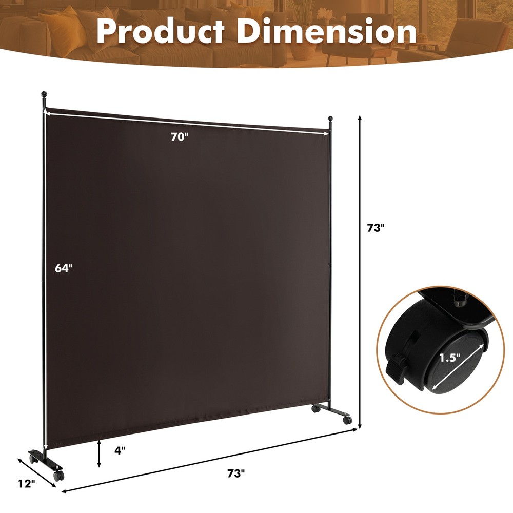 6' Single Panel Room Divider w/ Wheels Rolling Fabric Partition Privacy Screen