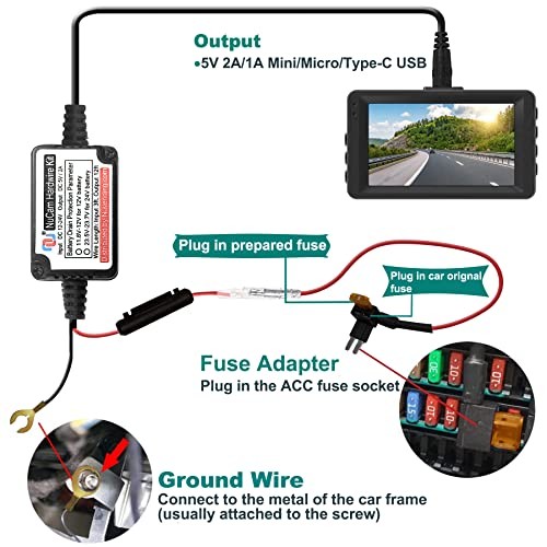 Type C Dash Cam Hardwire Kit, MicroUSB & Mini USB 15ft Power Cable Micro&Mini