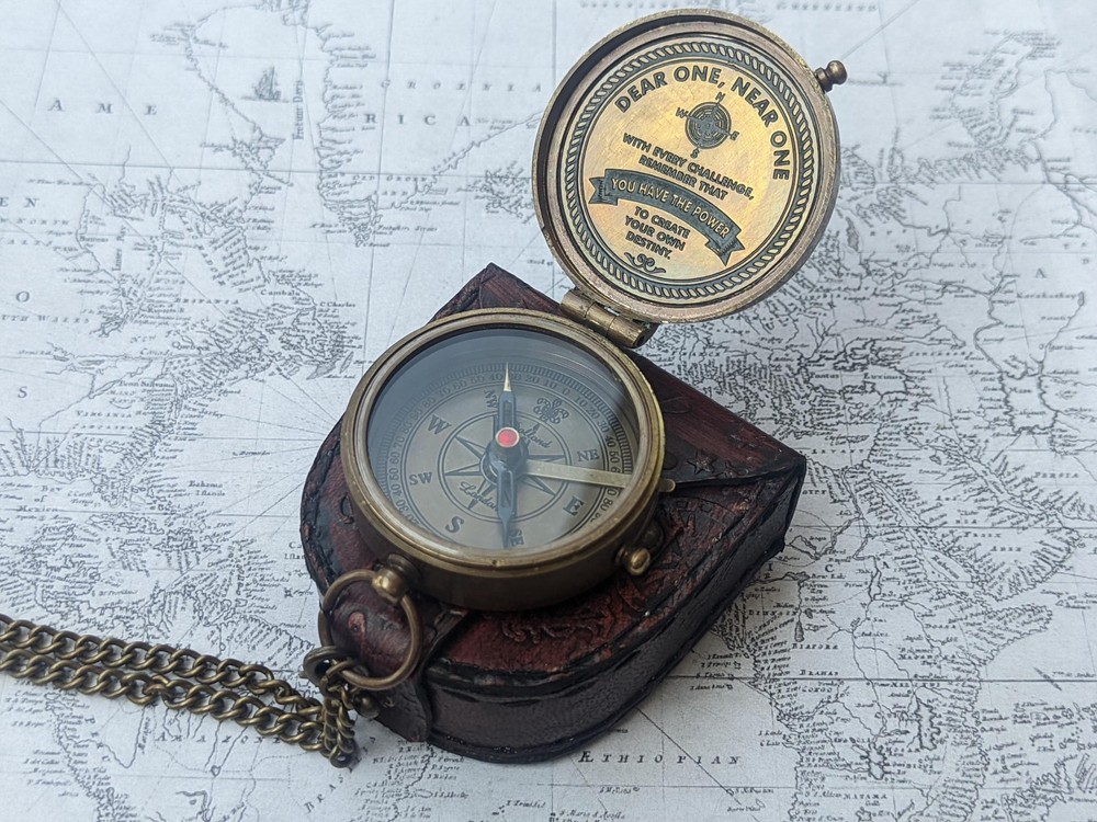 Personalized Brass Compass Locket | Vintage Style, Leather Case