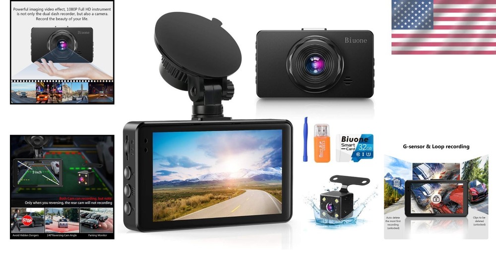 Car Dash Camera Front Rear 1080P with Loop Recording & G-Sensor - Night Vision
