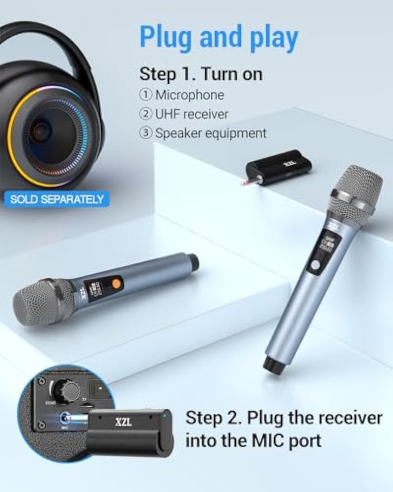 Blue Wireless Microphone Rechargeable Two Cordless Microphones