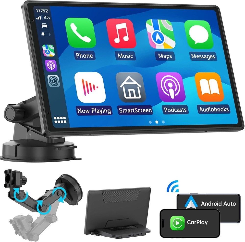 Wireless CarPlay AndroidAuto Screen - Portable Dash 9" HD, Strongest Mount