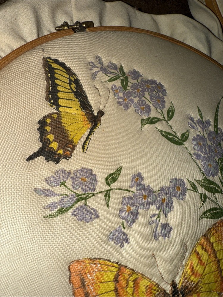 Three Embroidery Hoops With Finished Pieces