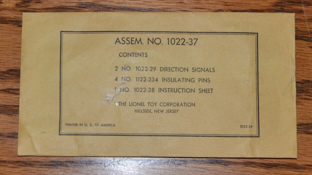Lionel 1022-39 Manual Switch Empty Envelope