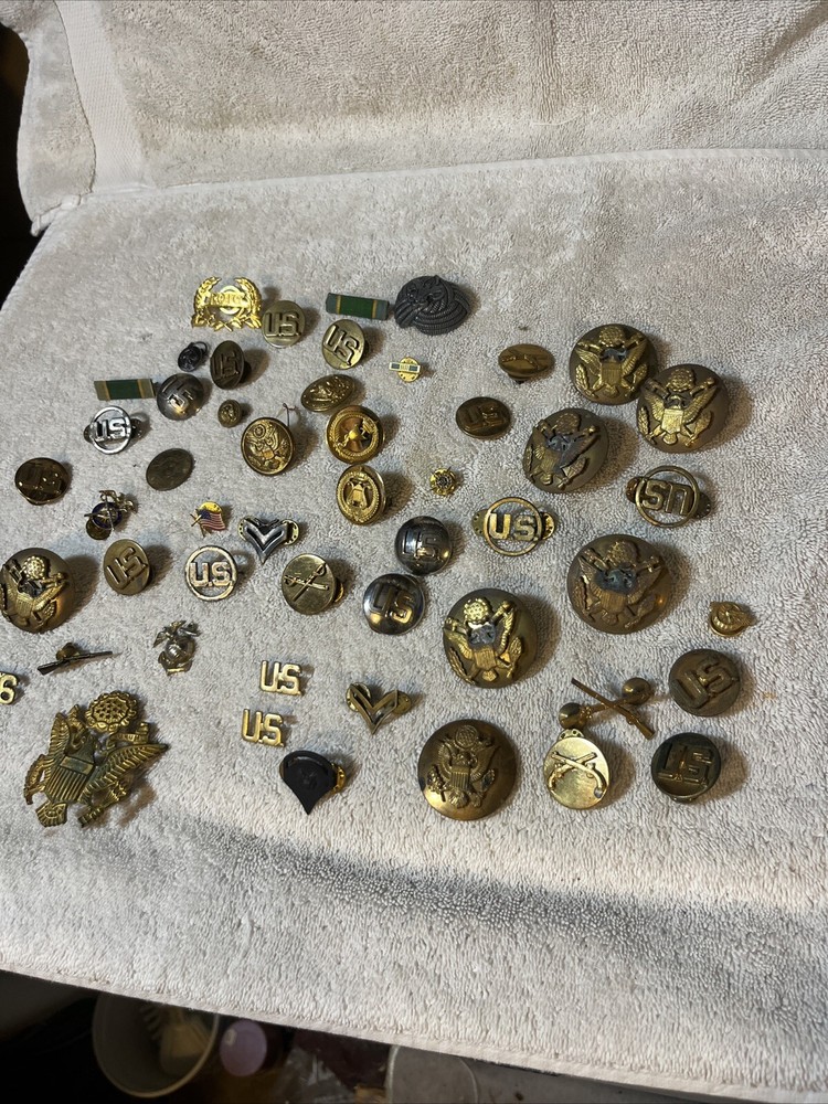 50 Military Army Hat Pins Lapel Medals US Eagle Cross Rifles Used Originals