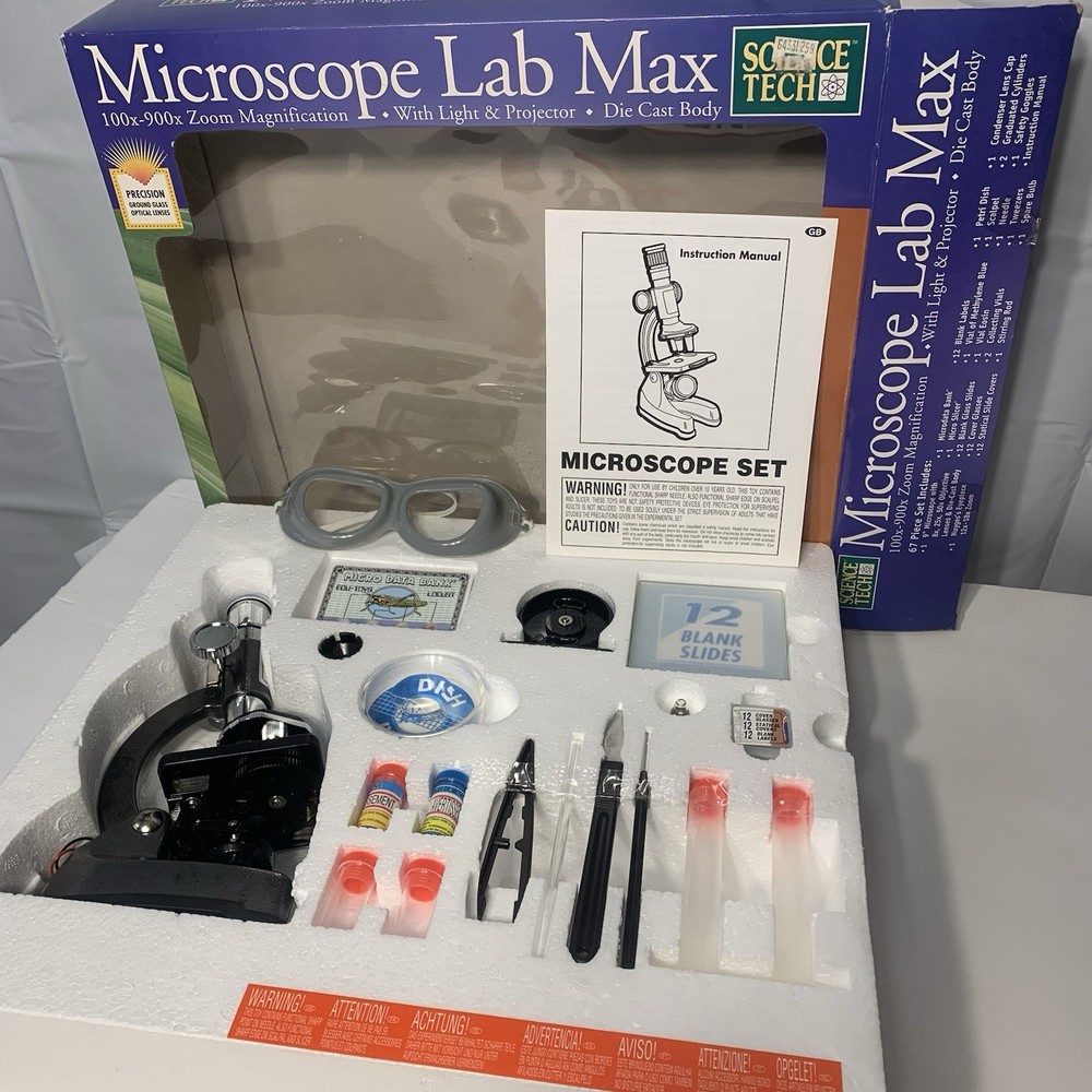 Science Tech Microscope Lab Max 100x–900x Die Cast 67pc Kit Open Box