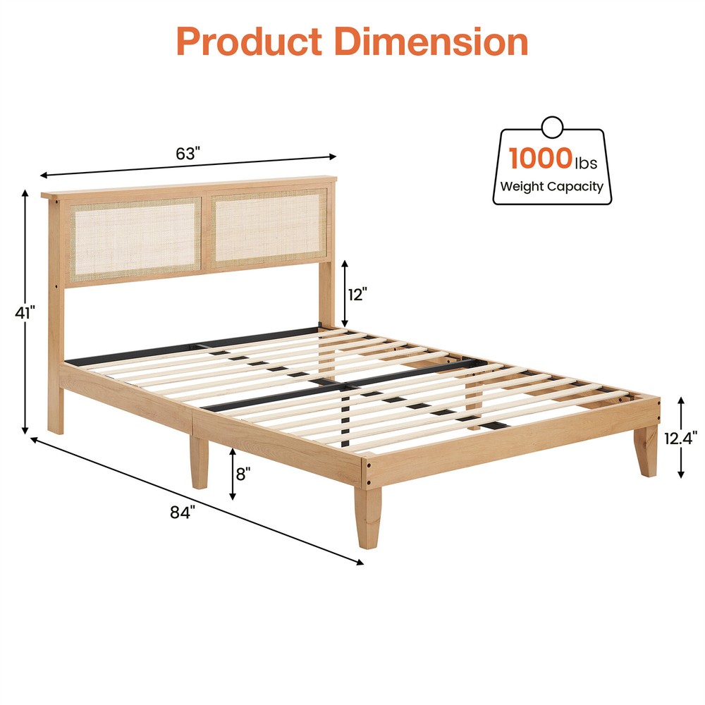 ⏯💯Queen/FULL Bed Frame with Rattan Headboard Platform Bed Frame with LED Lights