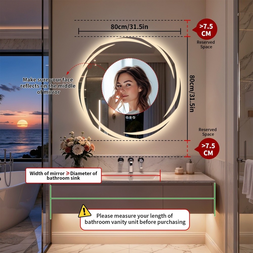 32" Smart LED Bathroom Mirror Wall-Mounted with Bluetooth Speaker Dimmable Round