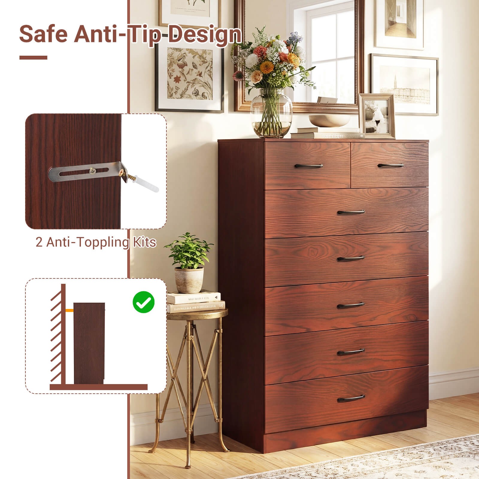 7 Drawers Dresser Wooden Chest of Drawers w/ Metal Handles, Guide Rails Espresso