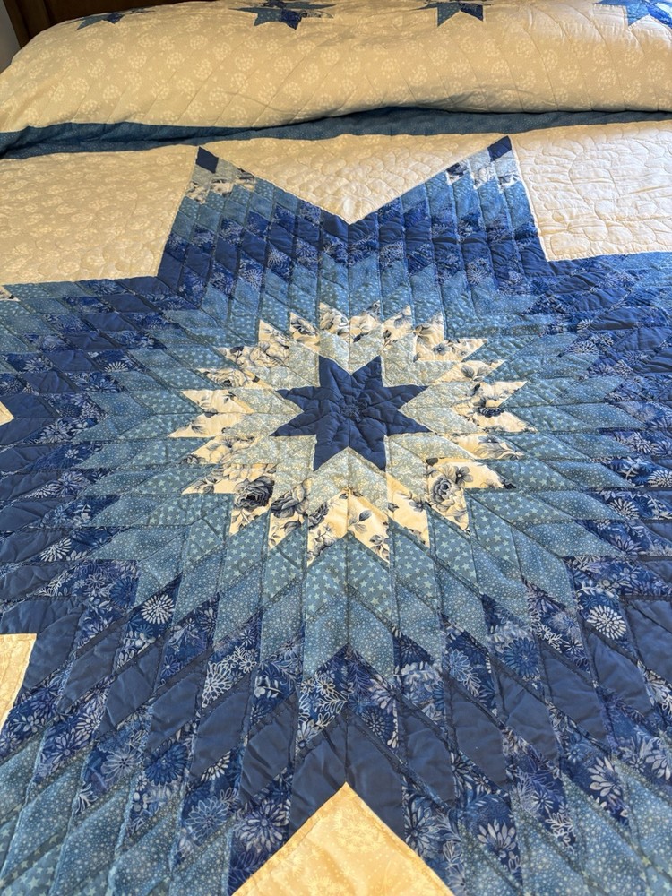 Handmade Patchwork Star Pattern Blue Queen Size Cotton Quilt