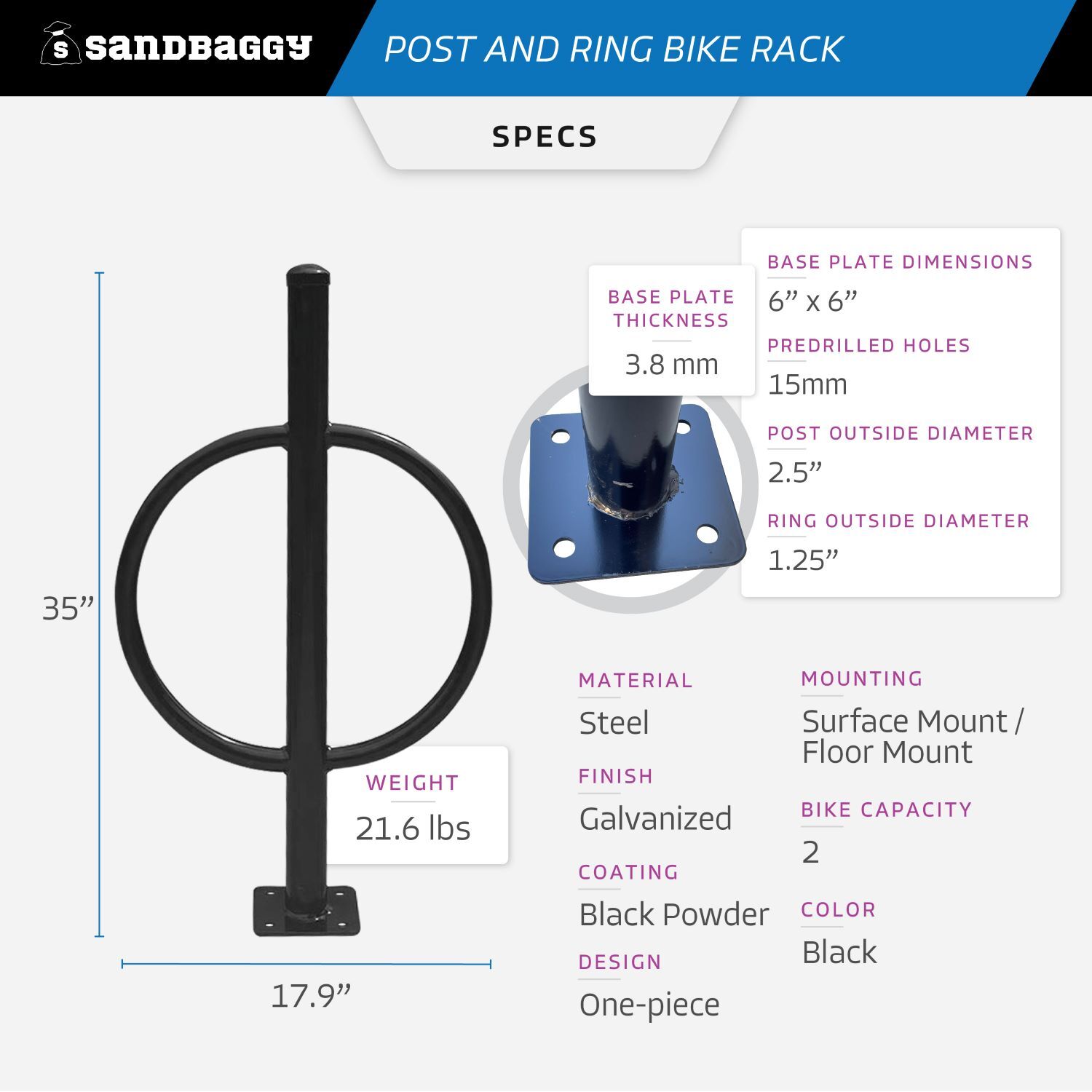 Sandbaggy Commercial Post and Ring Bike Rack - Surface Mount (2 Bike Capacity)
