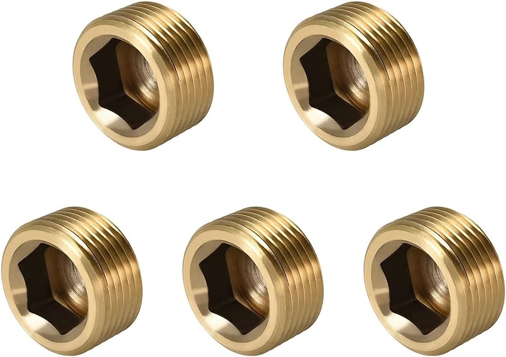 1/2" NPT Plug Brass Pipe Fitting, Counter sunk Thread Internal 1/2inch, 5 Pcs