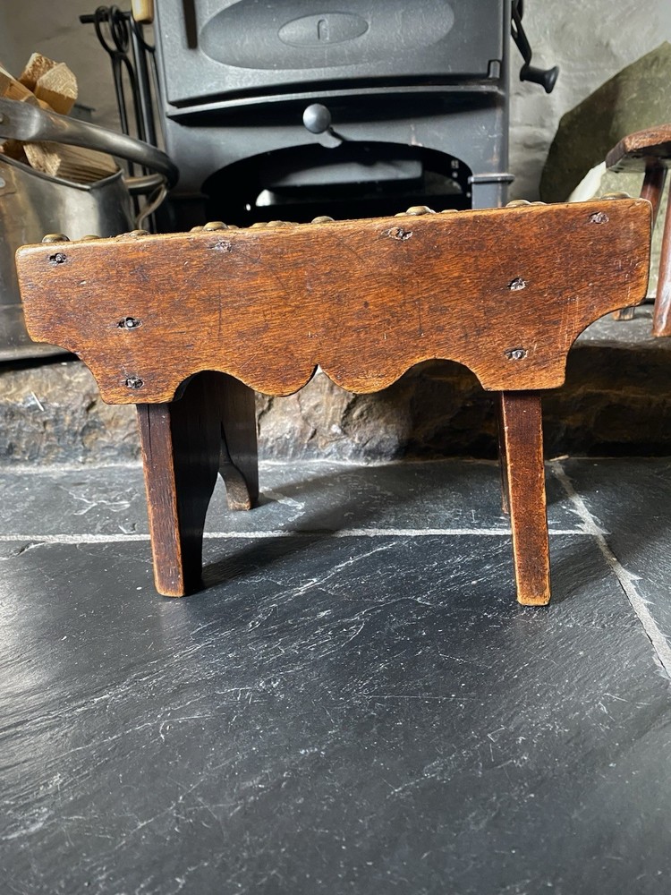 Unusual Antique 19th C. Solid Mahogany Stool With Brass Studs & Initials ‘R.V’