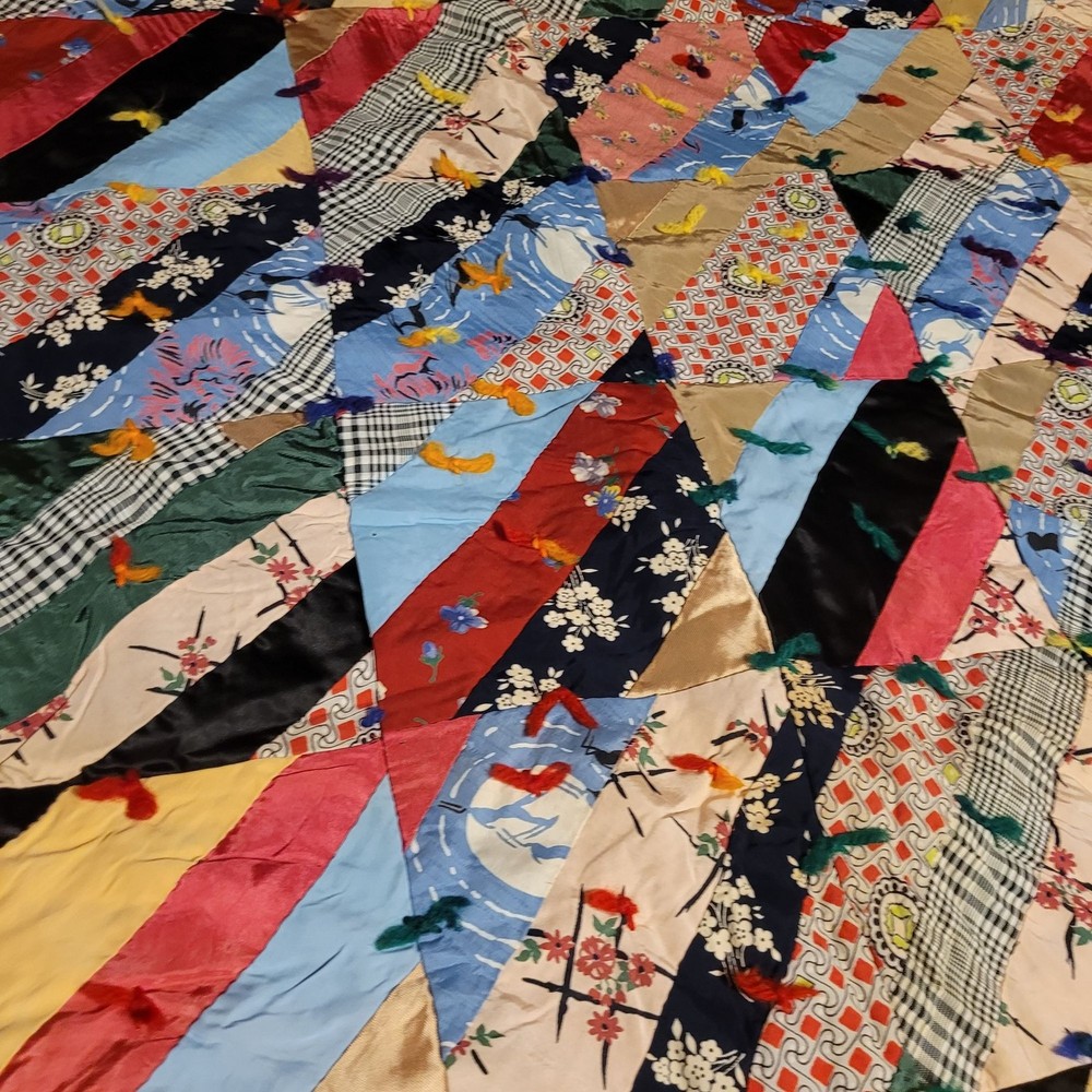 Crazy Quilt Silk Patchwork With Orange Backing Hand Stitched Patchwork Vintage