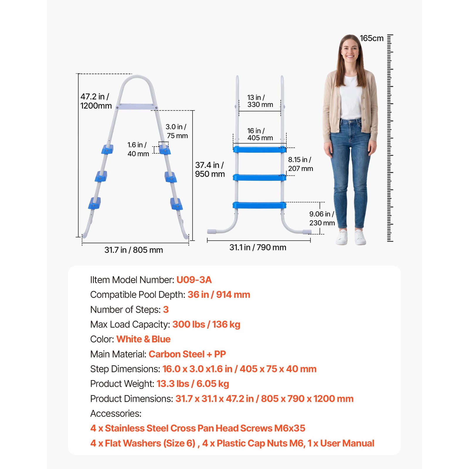 Uimoso 3-Step Steel A-Frame Pool Ladder for 36in Wall, 300lbs Capacity